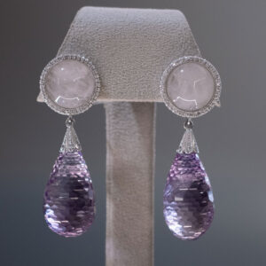 Pendientes de oro blanco con diamantes, cuarzo rosa y amatista